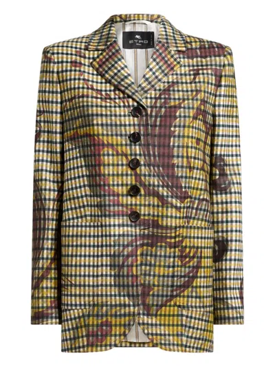 Etro Gingham Floral-print Jacket In Yellow