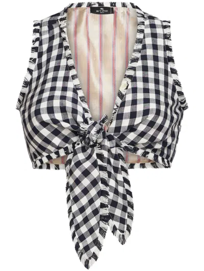 Etro Gingham-pattern Fringed-edge Cropped Top In Black