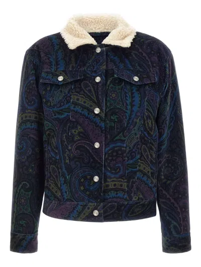 Etro Printed Blue Cotton Outerwear With Contrasting Collar