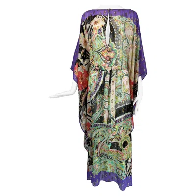 Pre-owned Etro Gold Metallic Sheer Silk Print Caftan With Self Belt Medium In Gray