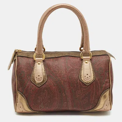 Pre-owned Etro Gold/brown Paisley Print Coated Canvas And Leather Boston Bag