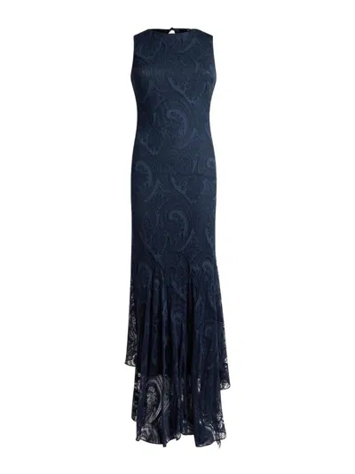 Etro Long Dress In Cotton-blend Burnout Jersey With Paisley Motif In Blue