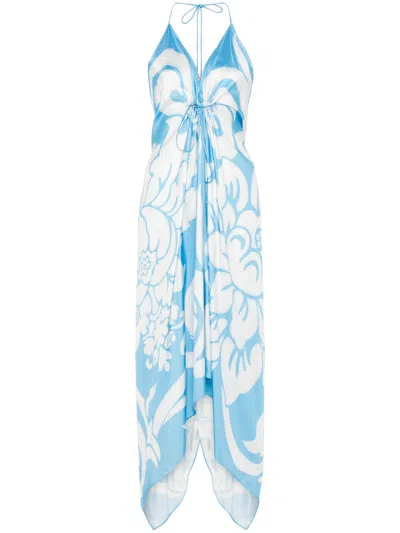 Etro Floral Pattern Blue Silk Maxi Dress In Clear Blue