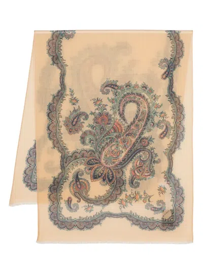 Etro Graphic-print Frayed Cashmere Scarf In Neutrals