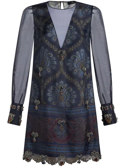 Etro Graphic-print Silk Minidress In Blue