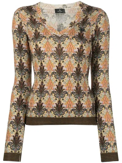 Etro Graphic-print V-neck Jumper In Yellow