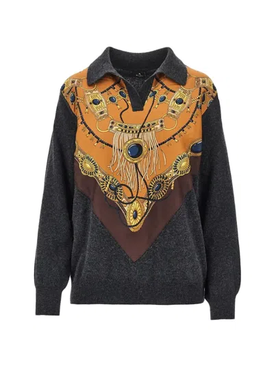 Etro Graphic-print Panelled Sweater In Gray