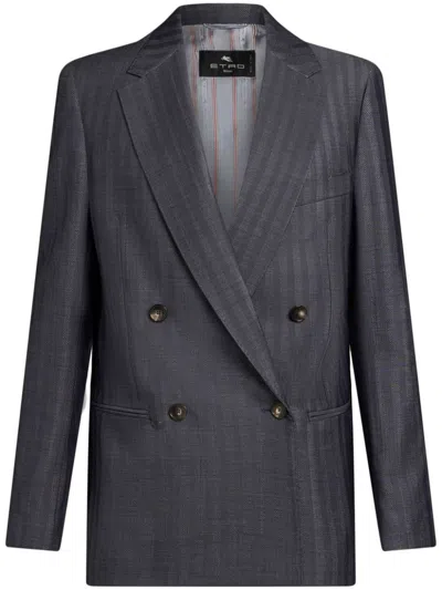 ETRO GRAY PINSTRIPE DOUBLE-BREASTED BLAZER