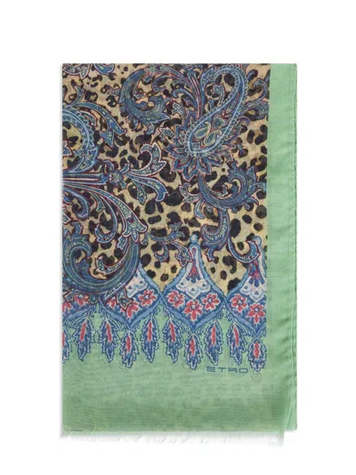Etro Women Green Cashmere Blend Animalier Paisley-pattern Scarf In Multi