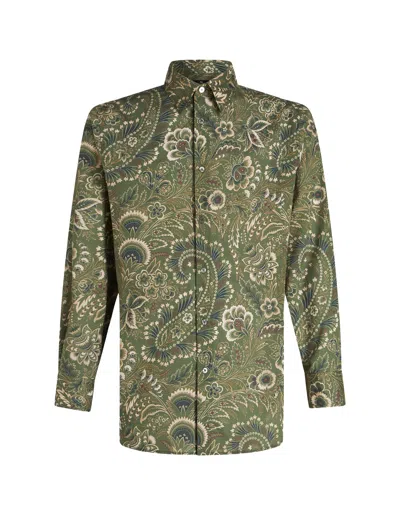 ETRO GREEN COTTON SHIRT WITH PAISLEY FLORAL PATTERN