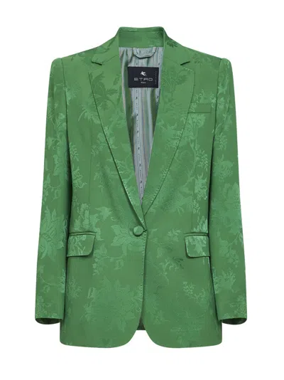 Etro Green Floral Jacquard Viscose Blend Single-breasted Jacket In Multi