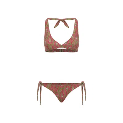 Etro Green Paisley Foliage Polyamide Bikini In Red