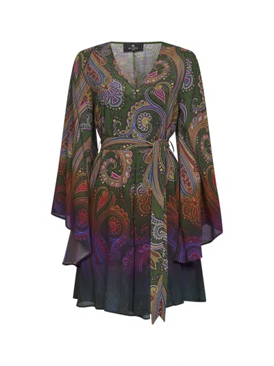 Etro Green Paisley-printed Crêpe De Chine Belted Mini Dress