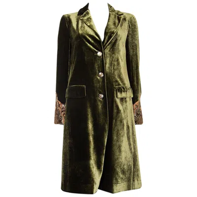 Pre-owned Etro Green Viscose Embroidered Cuff Velvet Bristol Coat Jacket 42 M