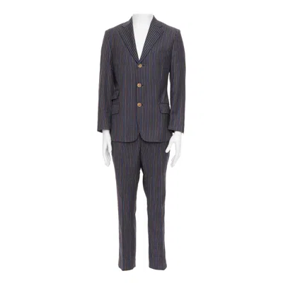 Pre-owned Etro Grey Brown Multi Pinstripe Single Breasted Cropped Blazer Pants Set It52 Xl In Gray