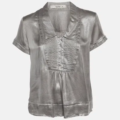 Pre-owned Etro Grey Lurex V- Neck Short Sleeve Top L In Gray