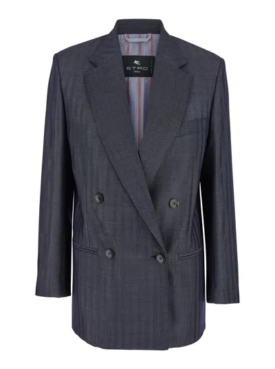 Etro Grey Oversized Double-breasted Jacket With Wide Revers In Wool Blend Woman