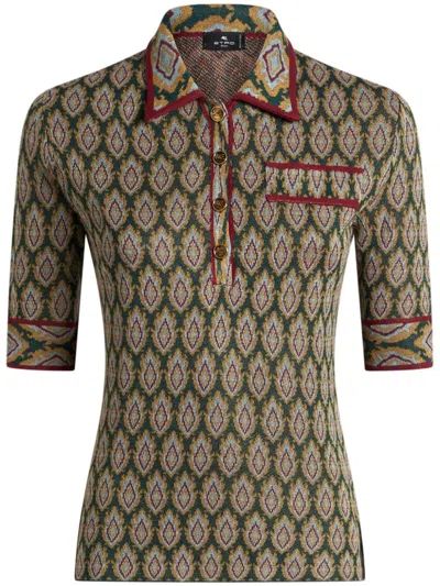 Etro Half-sleeves Jacquard Polo Shirt In Green
