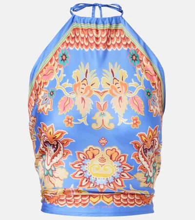 Etro Halterneck Printed Silk Top In Blue