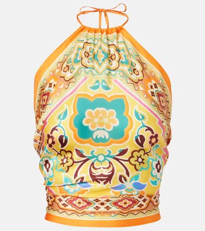 Etro Halterneck Printed Silk Top In Yellow