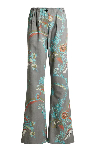 Etro Hand-painted Wool-blend Wide-leg Pants In Grey