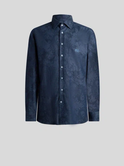 Etro Cotton Denim Shirt With Leafy Paisley Motif And Pegaso In Blue