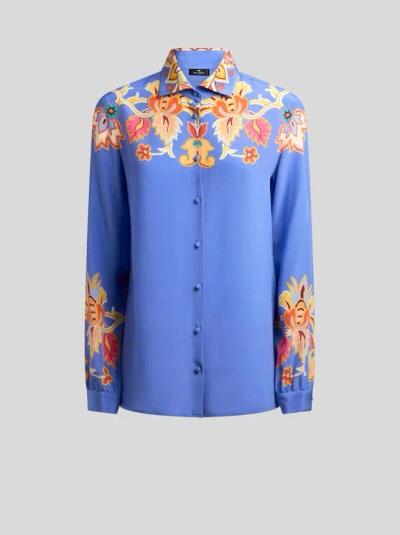 ETRO , PRINTED CREPE DE CHINE SHIRT, WOMAN, BLUE, SIZE 50