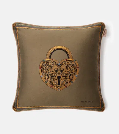 Etro Herald Embroidered Cotton-blend Cushion In Brown
