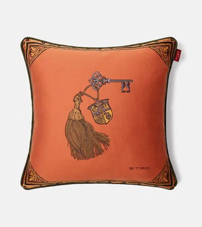 Etro Herald Embroidered Cotton-blend Cushion In Brown