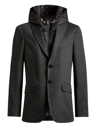 Etro Herringbone Detachable-hood Blazer In Gray
