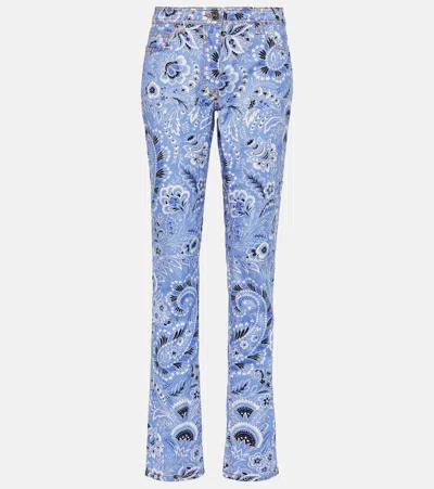 Etro Denim Jeans With Printed Bandana And Paisley In Clear Blue