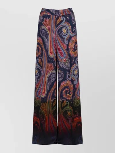 Etro High Waist Paisley Print Wide Leg Pants In Blue