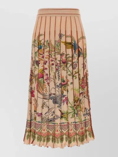 Etro Place Flora And Fauna Print Pleated Midi Skirt In Gold