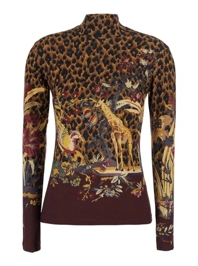 Etro High-neck Animal Motif All-over Wool-blend Sweater In Multi