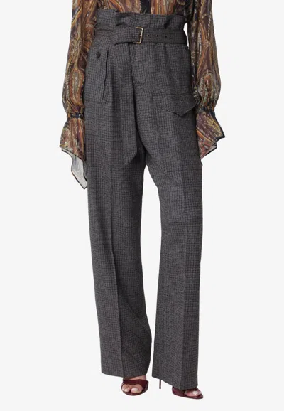 Etro High-waist Checked Wool Pants In Gray