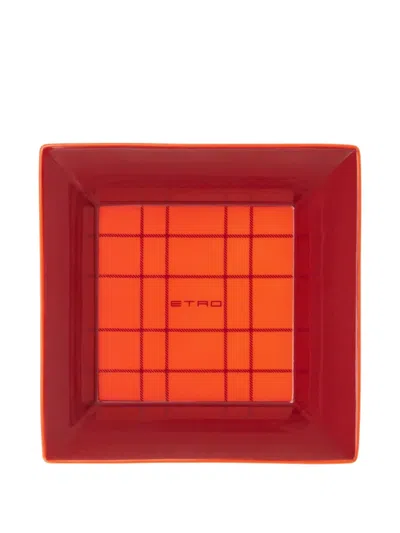 Etro Home Check Porcelain Tray (6cm X 24cm X 24cm) In Red