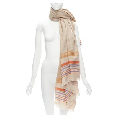 Pre-owned Etro Home Collection 100% Merino Wool Beige Logo Stripes Fringe Scarf In Brown