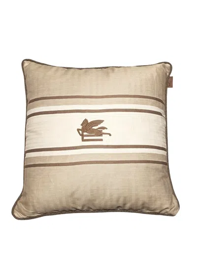 Etro Home Embroidered Cushion With Cord In Nude & Neutrals