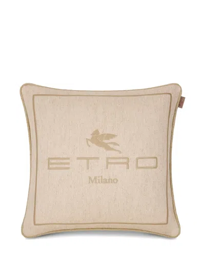 Etro Home Embroidered Logo Cushion In Brown