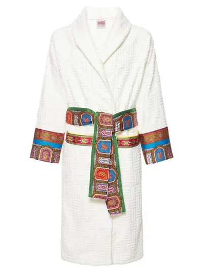 Etro Home Hooded Cotton Bathrobe With Monogram And Belt Closure In White