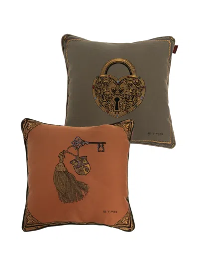 Etro Home Lock Tassel Cotton Cushion (set Of Two) In Brown