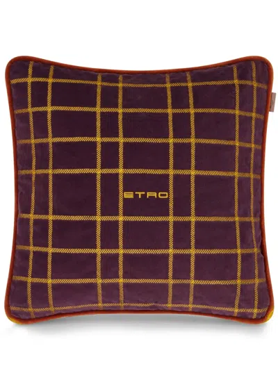 Etro Home Logo-embroidered Checked Velvet Cushion In Purple