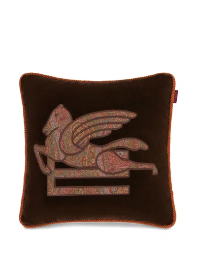 Etro Home Logo-embroidered Cushion In Brown