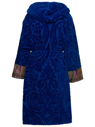 Etro Home New Tradition Hooded Cotton Bathrobe With Patch Pockets And Contrasting Trim For Men In Blue