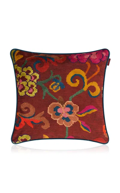 Etro Home - Nimphea Square Cushion; Print On Bordeaux Base - Print