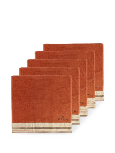 Etro Home Paisley-print Embroidered-logo Towels Set (set Of Five) In Orange