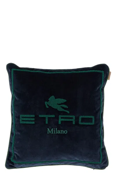 Etro Home Spunga Logo Cushion In Blue