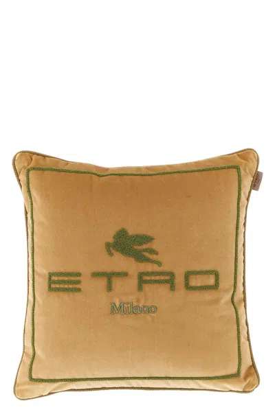 Etro Home Spunga Logo Cushion In Brown