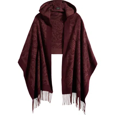 Etro Hooded Wool Paisley Fringe Scarf In Burgundy