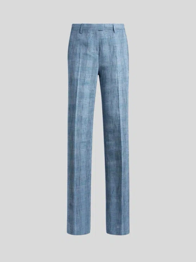 Etro Hose Aus Einem Geflammten Leinenmischgewebe In Navyblau